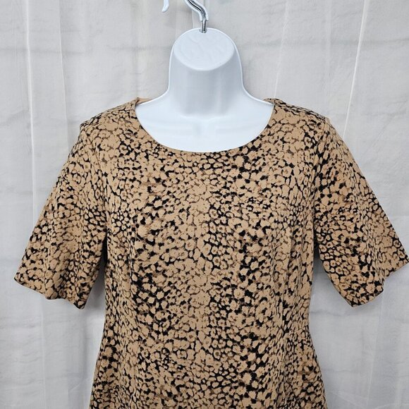 Lands" End Tan Black Animal Print Jersey Fit & Flare Dress Office Preppy 10 - Picture 2 of 15